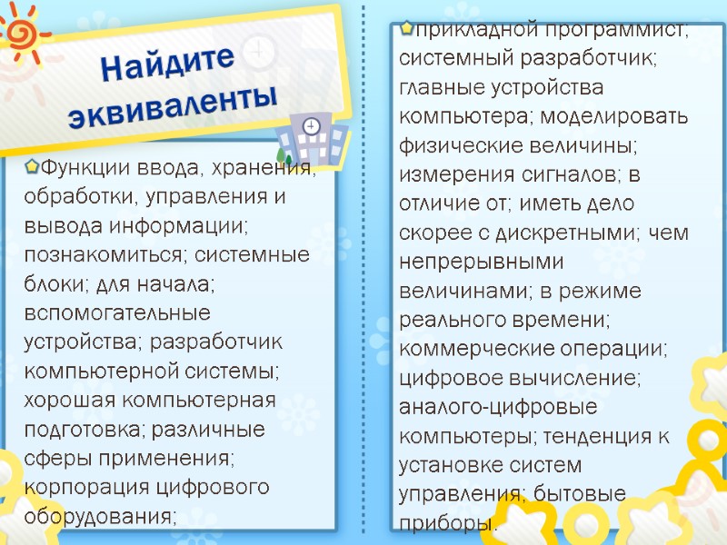 Найдите эквиваленты Функции ввода, хранения, обработки, управления и вывода информации;  познакомиться; системные блоки;